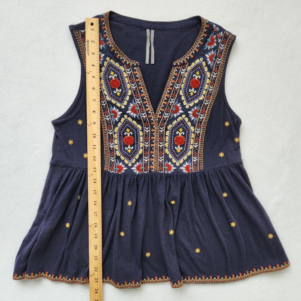 Anthropologie Emelia Navy Sleeveless Embroidered Peplum Top Boho Summer Pretty - Picture 11 of 11